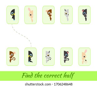 Clip cards game template find correct halves. Matching game for children. Educational activity for preschool years kids and toddlers Set of cartoon animals. Vector stock illustration.