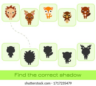 Clip cards game template find correct shadow. Matching game for children. Educational activity for preschool years kids and toddlers. Set of cartoon animals. Vector stock illustration.
