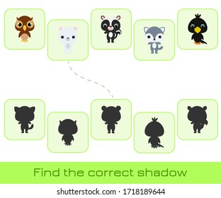 Clip cards game template find correct shadow. Matching game for children. Educational activity for preschool years kids and toddlers. Set of cartoon animals. Vector stock illustration.