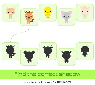 Clip cards game template find correct shadow. Matching game for children. Educational activity for preschool years kids and toddlers. Set of cartoon animals. Vector stock illustration.