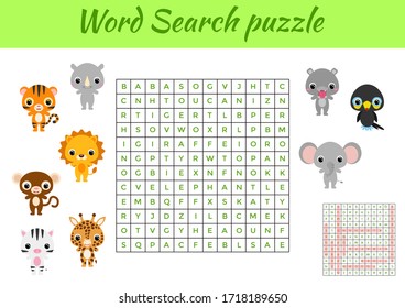 Clip cards game template word search puzzle. Kids activity worksheet colorful printable version. Educational game for study English words. Includes answers. Flat vector stock illustration.