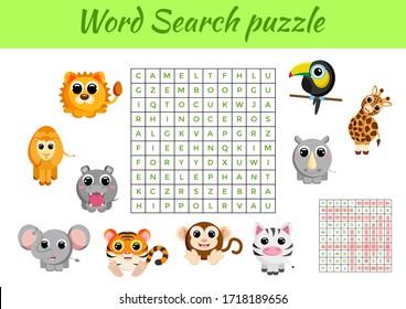 Clip cards game template word search puzzle. Kids activity worksheet colorful printable version. Educational game for study English words. Includes answers. Flat vector stock illustration.