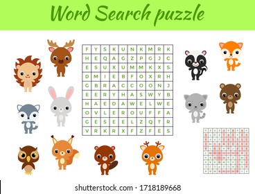 Clip cards game template word search puzzle. Kids activity worksheet colorful printable version. Educational game for study English words. Includes answers. Flat vector stock illustration.