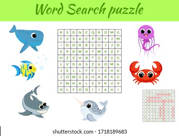 Clip cards game template word search puzzle. Kids activity worksheet colorful printable version. Educational game for study English words. Includes answers. Flat vector stock illustration.