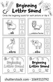 Clip cards matching game of beginning letter sound Y, Z for preschool kids activity worksheet in animals theme coloring printable version layout in A4.