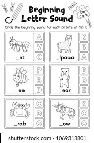 Clip Cards Matching Game Of Beginning Letter Sound A, B, C For Preschool Kids Activity Worksheet In Animals Theme Coloring Printable Version Layout In A4.