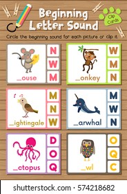 Clip cards matching game of beginning letter sound M, N, O for preschool kids activity worksheet in animals theme colorful printable version layout in A4.