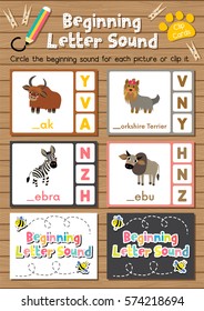 Clip cards matching game of beginning letter sound Y, Z for preschool kids activity worksheet in animals theme colorful printable version layout in A4.