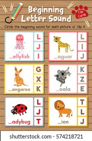 Clip Cards Matching Game Of Beginning Letter Sound J, K, L For Preschool Kids Activity Worksheet In Animals Theme Colorful Printable Version Layout In A4.