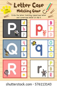 Clip cards matching game of letter case P, Q, R for preschool kids activity worksheet in animals theme colorful printable version layout in A4.