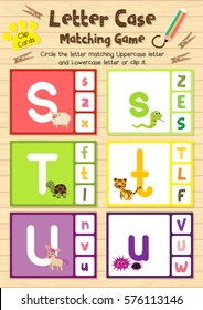 Clip cards matching game of letter case S, T, U for preschool kids activity worksheet in animals theme colorful printable version layout in A4.