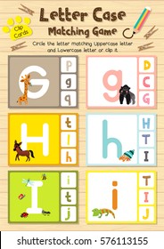 Clip cards matching game of letter case G, H, I for preschool kids activity worksheet in animals theme colorful printable version layout in A4.