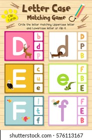 Clip cards matching game of letter case D, E, F for preschool kids activity worksheet in animals theme colorful printable version layout in A4.