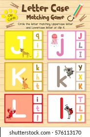 Clip cards matching game of letter case J, K, L for preschool kids activity worksheet in animals theme colorful printable version layout in A4.