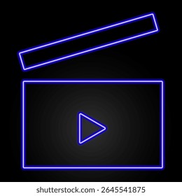 clip clapper neon sign, modern glowing banner design, colorful modern design trends on black background. Vector illustration.