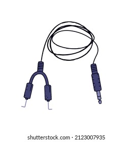 Cable de clip para conexión de máquina de tatuajes. Alambre con tapones para equipos profesionales de tatuadores. Cable para dispositivo de tinta. Ilustración vectorial dibujada a mano del conector aislado en fondo blanco