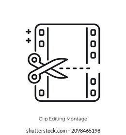 Icono Montaje de edición de clips. Diseño de icono de estilo de esquema aislado en fondo blanco