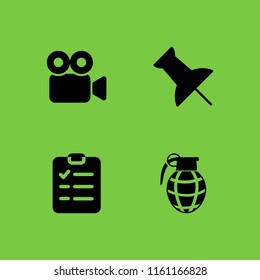 clip icon. 4 clip set with push pin, clipboard, video camera and hand grenade vector icons for web and mobile app