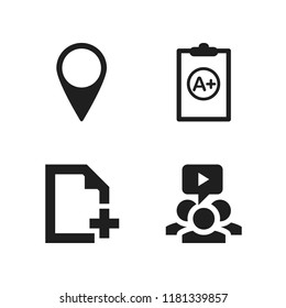 clip icon. 4 clip vector icons set. clipboard with a, situation pin and video player icons for web and design about clip theme