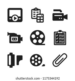 clip icon. 9 clip vector icons set. video camera, film roll and film icons for web and design about clip theme