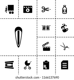 Clip icon. collection of 13 clip filled icons such as milk, paper, photos on rope, baby stroller, barber scissors, hair barrette. editable clip icons for web and mobile.
