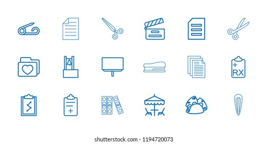 Clip icon. collection of 18 clip outline icons such as pin, board, taco, clipboard with chart, folder with heart, movie clapper. editable clip icons for web and mobile.