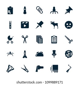 Clip icon. collection of 25 clip filled icons such as moose, barber scissors, cloth pin, sad smiley, cargo height, movie clapper, pin. editable clip icons for web and mobile.