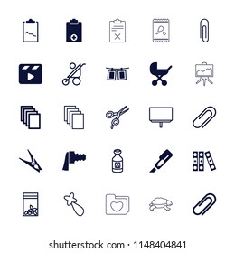 Clip icon. collection of 25 clip filled and outline icons such as baby stroller, paper, cutter, movie clapper, clip, camera zoom. editable clip icons for web and mobile.
