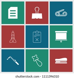 Clip icon. collection of 9 clip filled and outline icons such as blowtorch, paper, paper clamp, pin, hair barrette, board, stapler. editable clip icons for web and mobile.