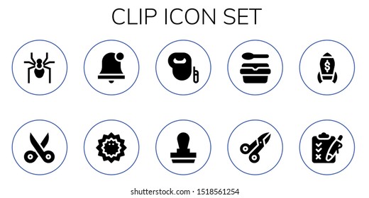 clip icon set. 10 filled clip icons.  Simple modern icons about  - Spider, Scissors, Alarm bell, Sea urchin, Leash dog, Stamp, Lunchbox, Rocket, Clipboard