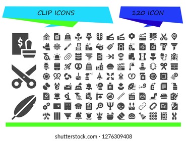  clip icon set. 120 filled clip icons. Simple modern icons about  - Stamp, Feather, Scissors, Dog, File, Grater, Flower, Funnel, Pretzel, Stapler, Clapperboard, Parking sign, Spider web