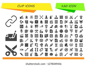  clip icon set. 120 filled clip icons. Simple modern icons about  - Hyperlink, Scissors, Autograph, Stapler, Bell, Spider, Bingo, Cotton swab, Stamp, Spray, File, Filing, Highlighter
