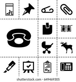 Clip icon. set of 13 filled clipicons such as moose, baby stroller, pin, board, cutter, seed bag, clipboard, desk phone, glued note, photos on rope