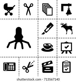 Clip icon. set of 13 filled clip icons such as moose, baby stroller, barber scissors, board, paper, cutter, cup with heart, movie clapper, scissors, clipboard, desk phone