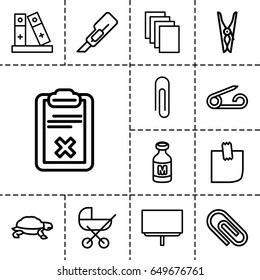 Clip icon. set of 13 outline clipicons such as turtle, baby stroller, pin, cloth pin, paper, board, cutter, milk, clipboard, binder, glued note, paper clip