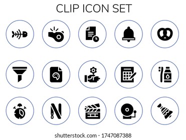 clip icon set. 15 filled clip icons.  Simple modern icons such as: Fish bone, Funnel, Whistle, File, Flower, Bell, Bingo, Pretzel, Tooth Brush, Alarm, Key ring, Clapperboard, Alarm bell