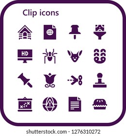  clip icon set. 16 filled clip icons. Simple modern icons about  - Dog, File, Push pin, Funnel, Hd, Spider, Fennec, Pretzel, Flower, Scissors, Stamp, Boarding, Alarm, Pie