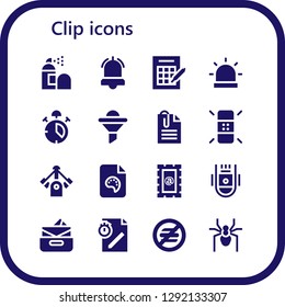  clip icon set. 16 filled clip icons. Simple modern icons about  - Spray, Alarm, Bingo, Funnel, Paperclip, Eraser, Motor, File, Stamp, Space capsule, Inbox, No food, Spider