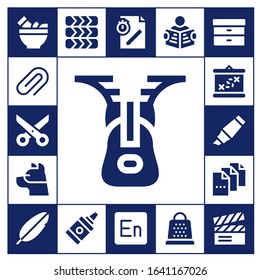 clip icon set. 17 filled clip icons.  Simple modern icons such as: Mortar, Attachment, Scissors, Zipper, Dog, Boarding, Highlighter, File, Feather, Tires, Glue, Encore, Read, Grater