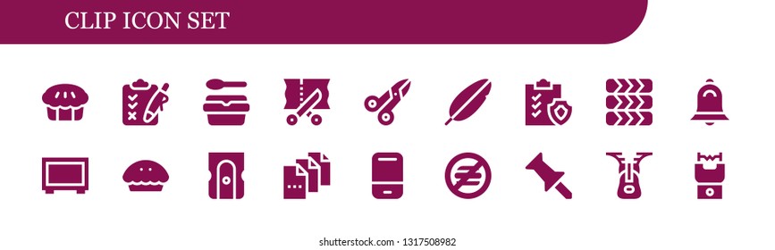clip icon set. 18 filled clip icons.  Simple modern icons about  - Pie, Clipboard, Lunchbox, Scissors, Feather, Tires, Bell, Big screen, Sharpener, File, Eraser, No food, Push pin