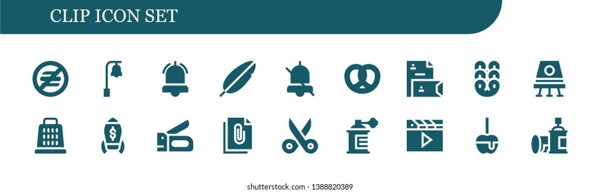 clip icon set. 18 filled clip icons.  Simple modern icons about  - No food, Bell, Alarm, Feather, Pretzel, Stationery, Space capsule, Grater, Rocket, Stapler, File, Scissors, Spray