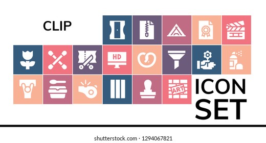  clip icon set. 19 filled clip icons. Simple modern icons about  - Sharpener, Flower, Demonstration, Lunchbox, Whistle, Chewing gum, Stamp, Graffiti, Cotton swab, Scissors, Hd