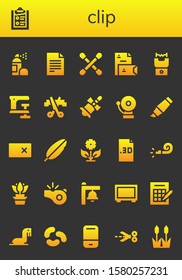clip icon set. 26 filled clip icons.  Simple modern icons about  - Spray, Clipboard, File, Cotton swab, Stationery, Stun gun, Clamp, Scissors, Bell, Alarm, Highlighter, Erase