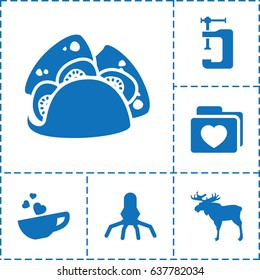 Clip icon. set of 6 clip filled icons such as moose, vice clamp, taco, folder with heart, cup with heart