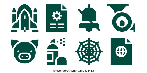 clip icon set. 8 filled clip icons.  Simple modern icons such as: Pig, Rocket ship, Spray, File, Spider web, Alarm, French horn