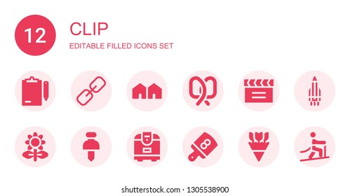 clip icon set. Collection of 12 filled clip icons included Clipboard, Link, Attached, Pretzel, Clapperboard, Flower, Pushpin, Rice cooker, Board, Flowers, Rocket, Climbing