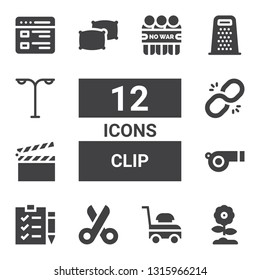 clip icon set. Collection of 12 filled clip icons included Flower, Lawn mower, Scissors, Check list, Whistle, Clapperboard, Link, Pillows, Grater, Street light, List, Demonstration