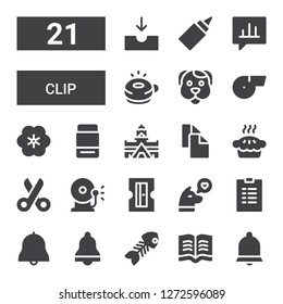 Clip Icon Set. Collection Of 21 Filled Clip Icons Included Bell, Read, Fish Bone, List, Dog, Sharpener, Ring Bell, Scissors, Pie, Copy, Eraser, Flower, Whistle, Ringer