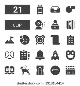 clip icon set. Collection of 21 filled clip icons included Clapperboard, Minus, Sharpener, Dog, Read, Pretzel, Rocket, Bell, Check list, Clipboard, List, Alarm, Sad, Climbing