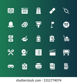 clip icon set. Collection of 25 filled clip icons included Pepper spray, Check list, Shredder, Clipboard, Eye mask, Big screen, Clapperboard, List, Ring bell, Scissors, Lawn mower